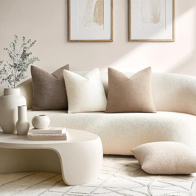 ANRODUO Pack of 2 Textured Boucle Throw Pillow Covers Soft Beige Decorative Accent Solid Pillow Cases Cozy Modern Couch Cushion Case for Chair Sofa Bedroom Living Room Spring Home Decor, 20 x 20 Inch