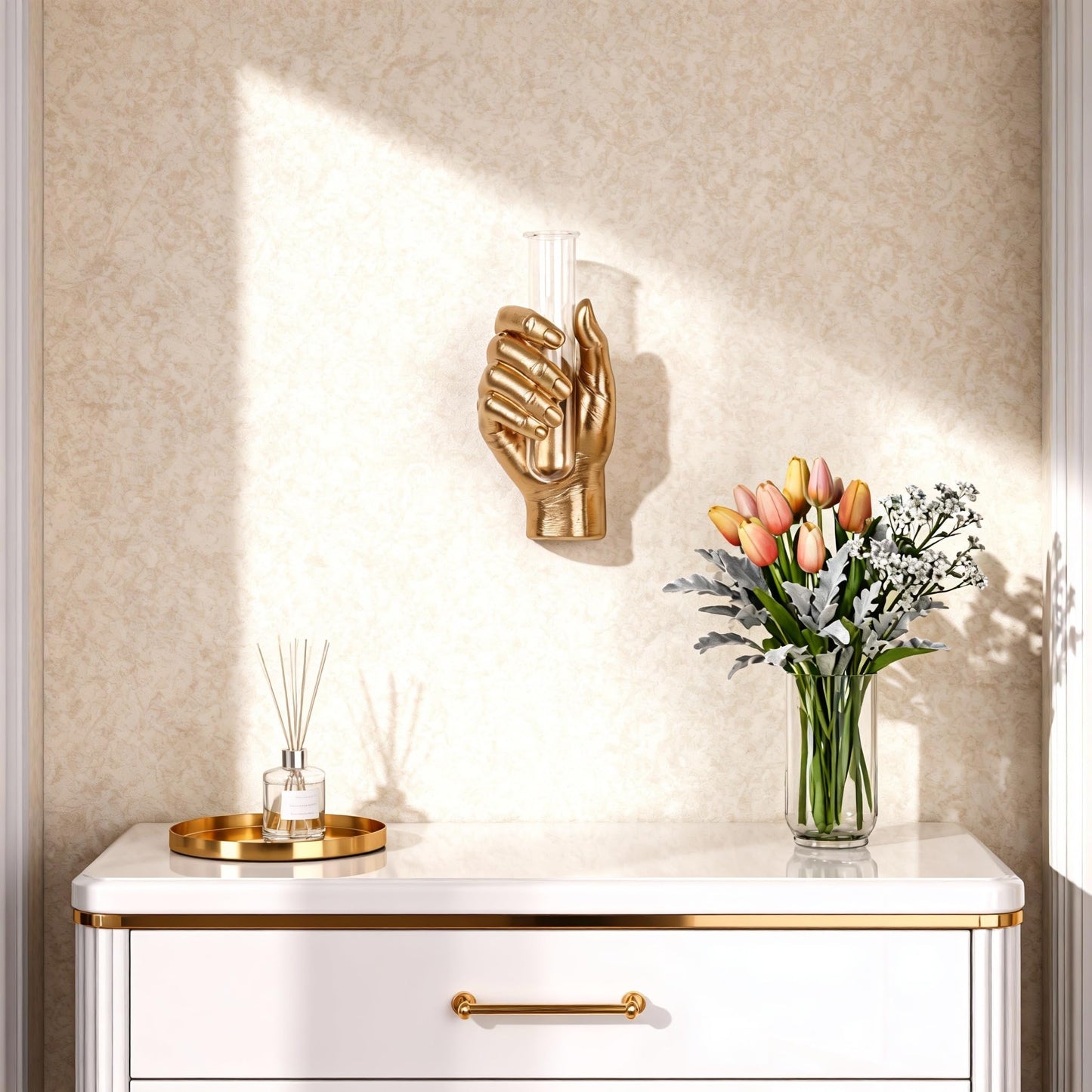 Gold Hand Wall Sculpture with Vase – Unique Resin Art, Wall-Mounted Flower Vase, Modern Decor for Living Room, Office, Apartments, Stylish Home, Elegant Interior, Contemporary Decoration (Gold)