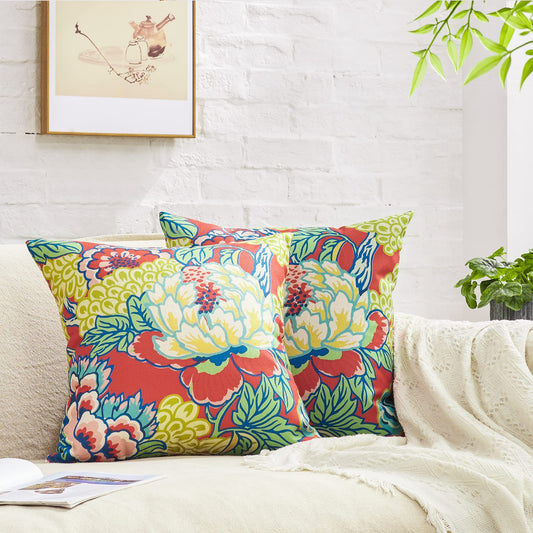 BLESFEST Pack of 2, Chinoiserie Pillow Cover 18 x 18 Inch Peony Floral Pillow Covers Linen Flower Throw Pillow Covers Farmhouse Pillowcase Cushion Covers for Sofa Couch Living Room Pink