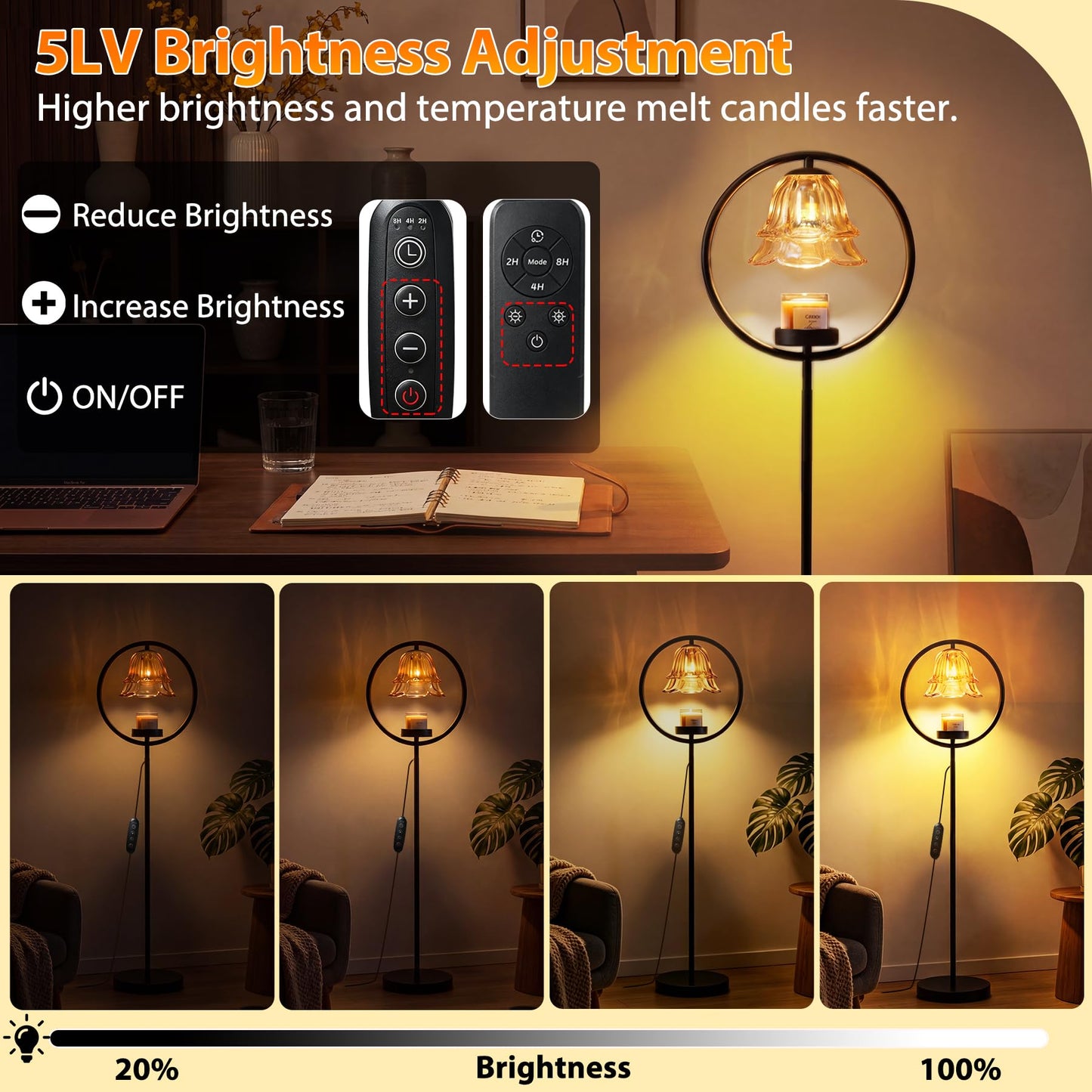 Candle Warmer Lamp with Timer & Dimmer, Black Candle Warmer Light for Jar Candles, Birthday Gifts for Women Mom Her, 50W Candle Floor Lamp for Wax Melt Warmer Modern Room Decor Light for Home(2 Bulbs)