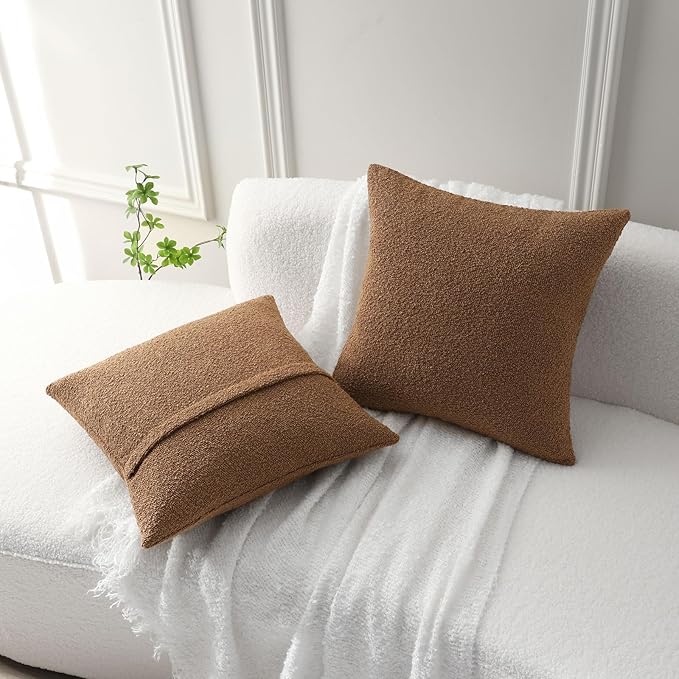 FUTEI Pack of 2 Tobacco Decorative Throw Pillow Covers 18x18 Inch Soft Cozy Solid Boucle Textured Cushion Case,Modern Home Decor for Couch Bed Living Room