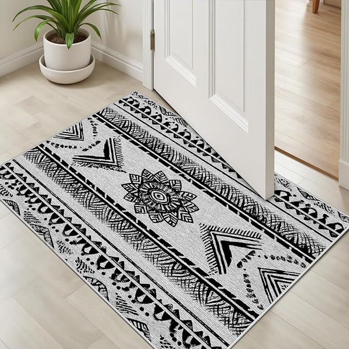 Area Rugs Moroccan for Living Room 3x5, Washable Non-Slip Boho Rug, Neutral Farmhouse Soft Carpet for Bedroom, Kitchen, Dining Room, Entryway, Geometric Print Tribal Carpets, Black and White