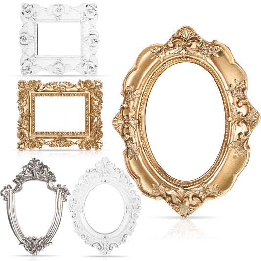 Yalikop 5 Pcs 4.9 x 4 Small Vintage Gold White Silver Frames for Craft DIY Decoration, Mini Ornate Resin Photo Frames Bulk for Refrigerator Wedding Christmas Jewelry Display Holiday Party Invitation