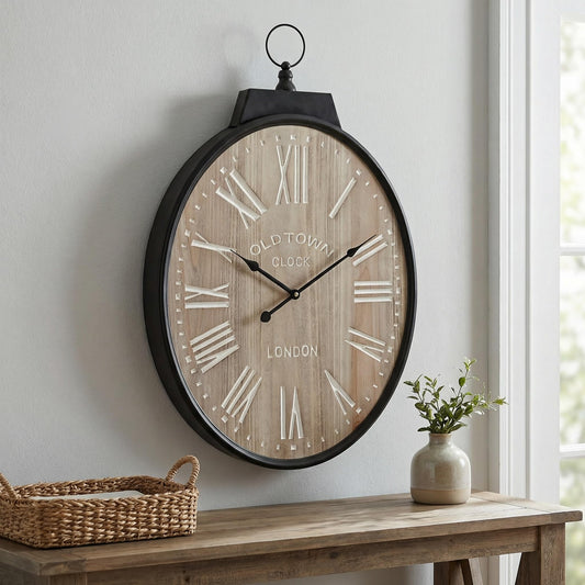 Large Oval Wall Clock 25 Inch, Rustic Farmhouse Wooden Decorative Clock with Black Metal Frame & 3D Roman Numerals, Vintage Old Town London Design for Living Room, Kitchen, and Bedroom Decor