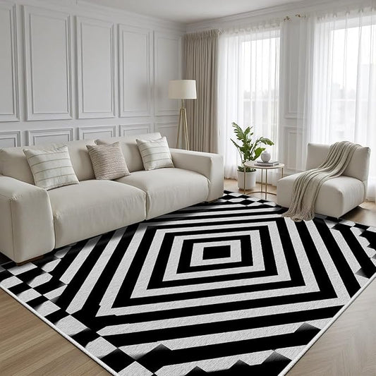 Black and White Rug 6x9, Checkered Soft Thin Indoor Floor Mats Carpet, Non-Slip Stain Resistant Washable Rugs, Modern Rhombus Geometric Rugs for Living Room, Farmhouse Rug