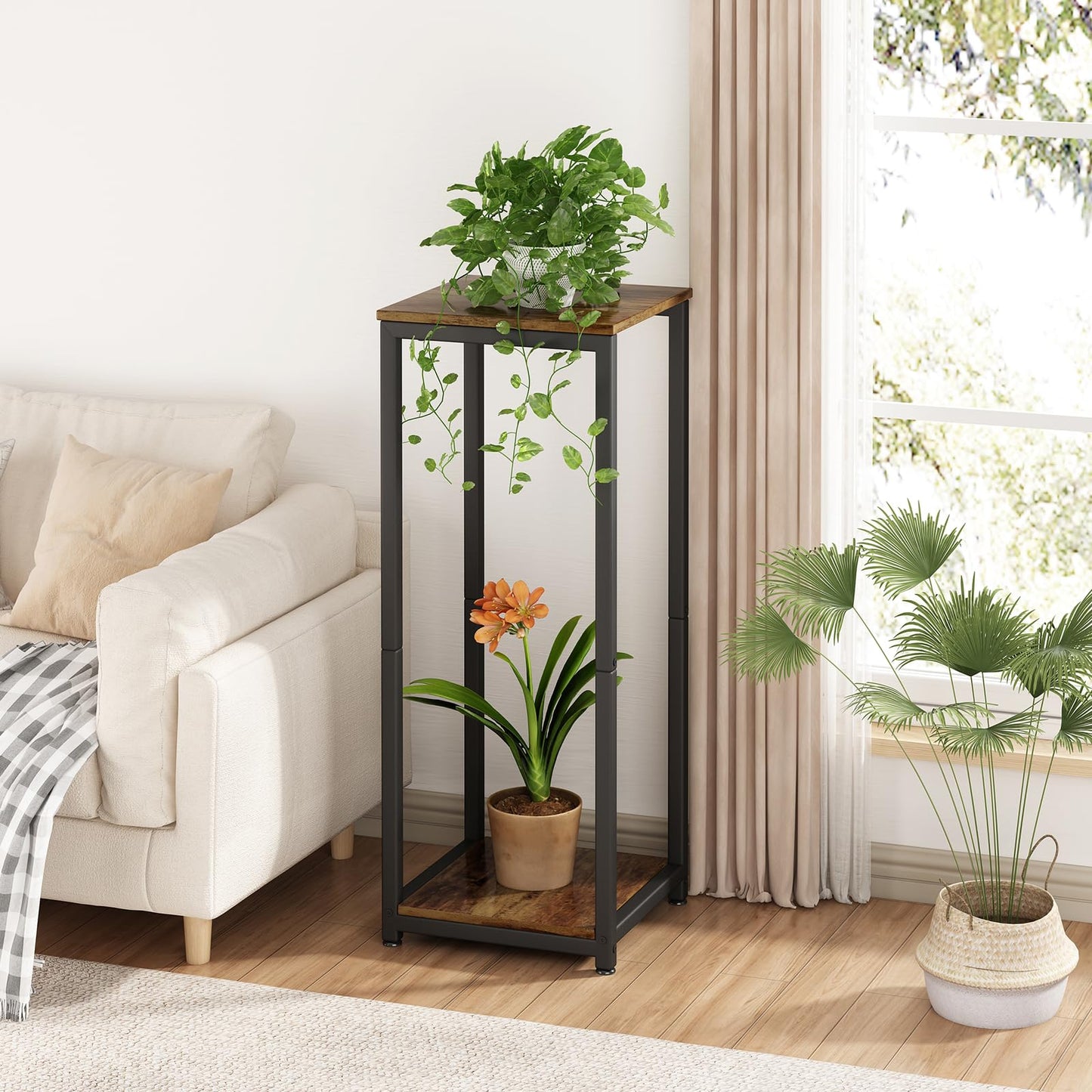 YIZAIJIA Plant Stand Indoor Corner Tall 2 Tier Metal Modern Flower Storage Plant Shelf Holder for Living Room Balcony Garden,Black (2 Tier-Black)