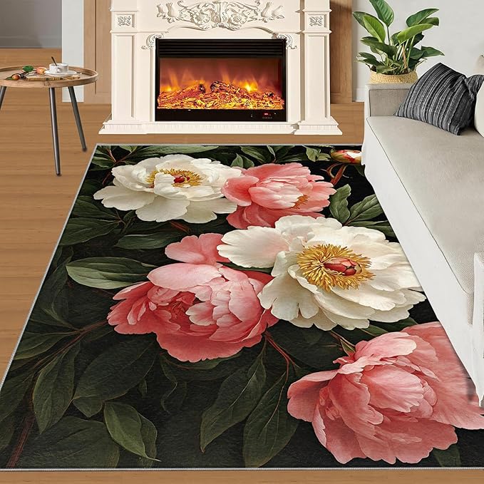 Rustic Flowers Washable Area Rug 4x5, Peony Soft Rugs for Living Room Petals Carpet Area Rugs for Bedroom Dining Room Non-Slip Stain Resistant Rug