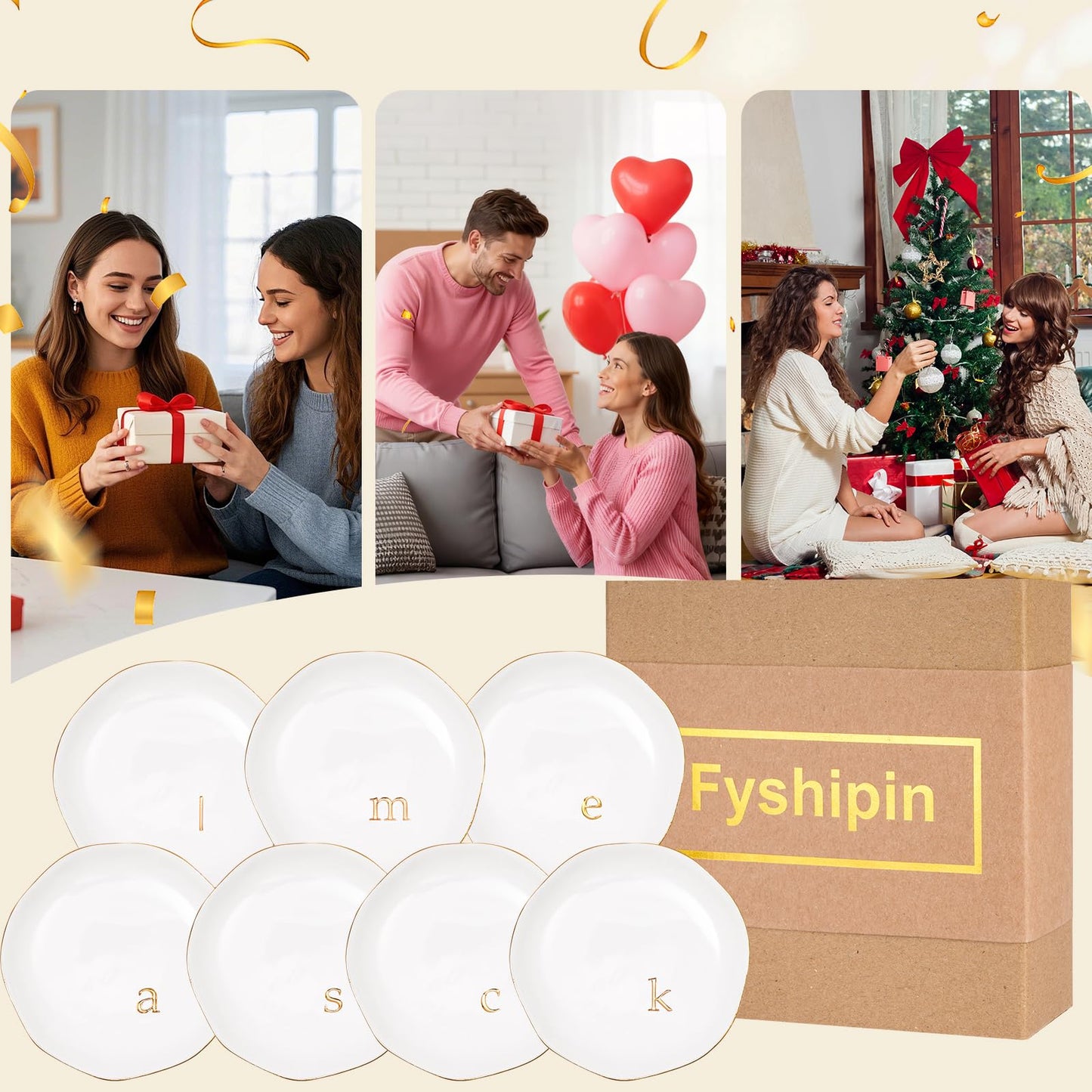 Fyshipin Ceramic Jewelry Tray,Decorative Trinket Dish for Room Decor,Birthday Valentine's Day Mother's Day Graduation Christmas Personalized Gift for Women, 4.75", Gold Rim,Engraved Initial k