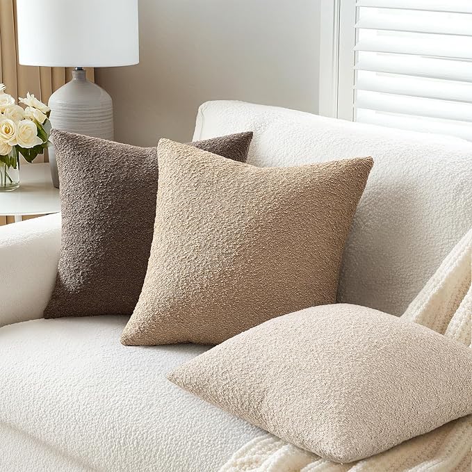 ANRODUO Pack of 2 Textured Boucle Throw Pillow Covers Soft Beige Euro Decorative Accent Solid Pillow Cases Cozy Modern Couch Cushion Case for Chair Sofa Bedroom Living Room Home Decor, 22 x 22 Inch