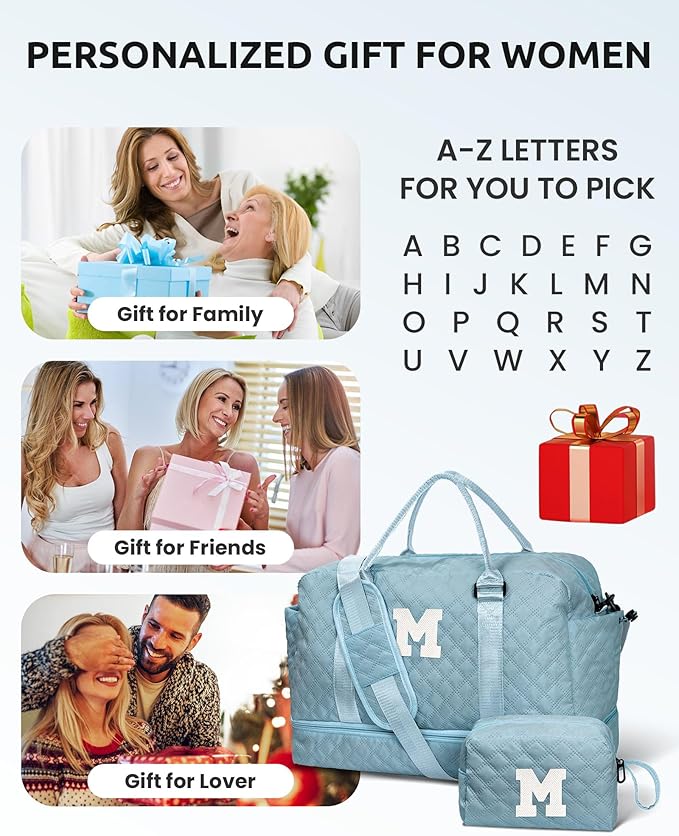 Vogewood Gifts for Kids-Initial Duffle Bag with Shoe Compartment, Personalized Girls Weekender Bag, Monogram Overnight Bag for Women, Letter Travel Bag with Makeup Bag，Gift for Women Friend (Letter A)
