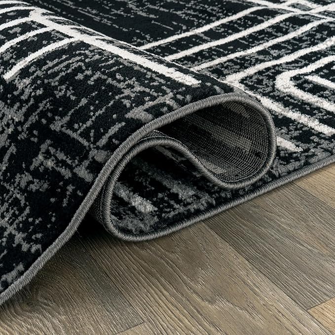 Rugshop Black and White Geometric Area Rug – Abstract Curved Line and Square Pattern Carpet for Living Room, Bedroom, or Office – Contemporary Soft Floor Décor 2' 3" x 8' Runner Black