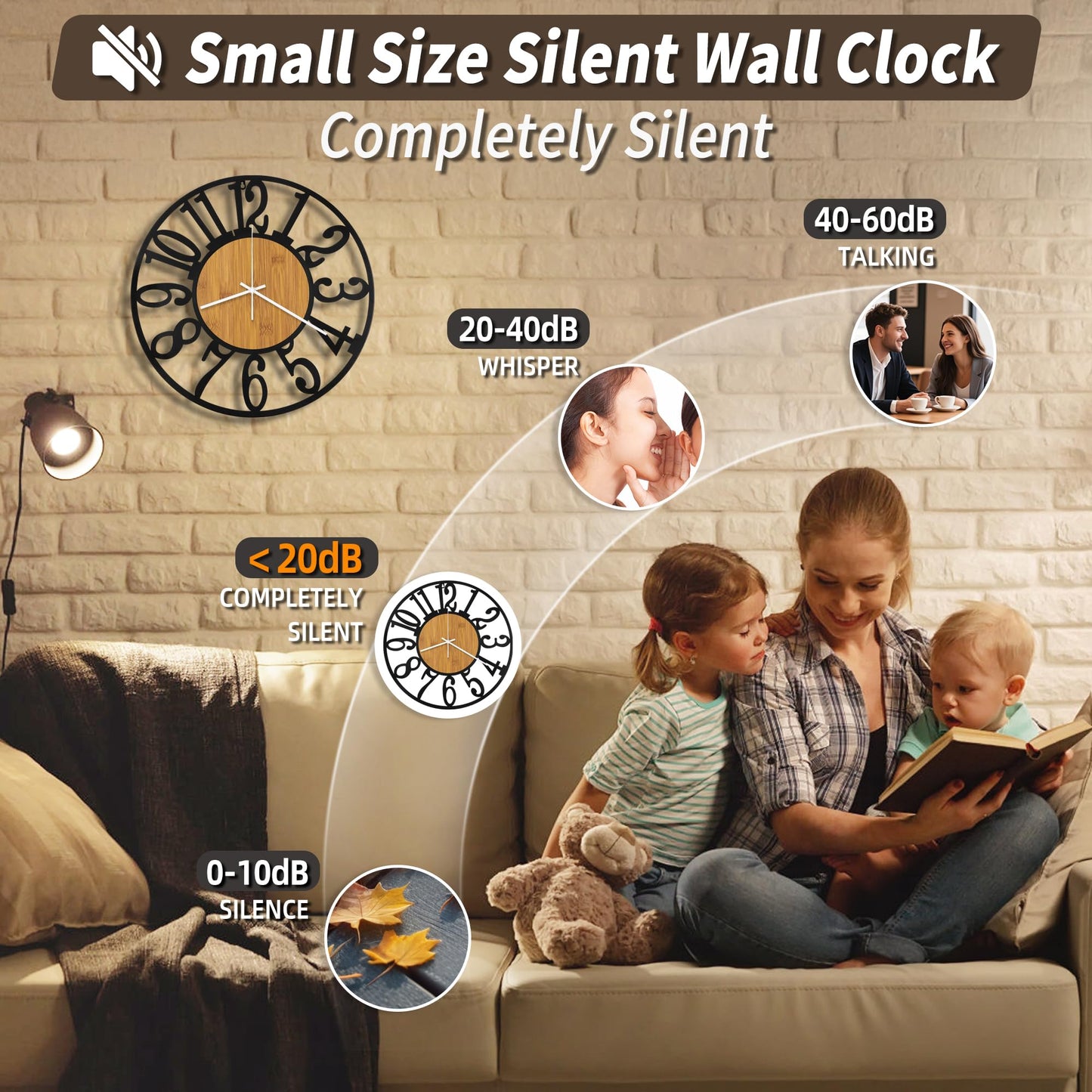 Maxstar Wall Clock Battery Operated,Silent Non-Ticking Modern Rustic Metal Round Clocks Small for Living Room/Bedroom/Office/Kitchen/Farmhouse Home Decor-14 Inch(Yellow-Wood)