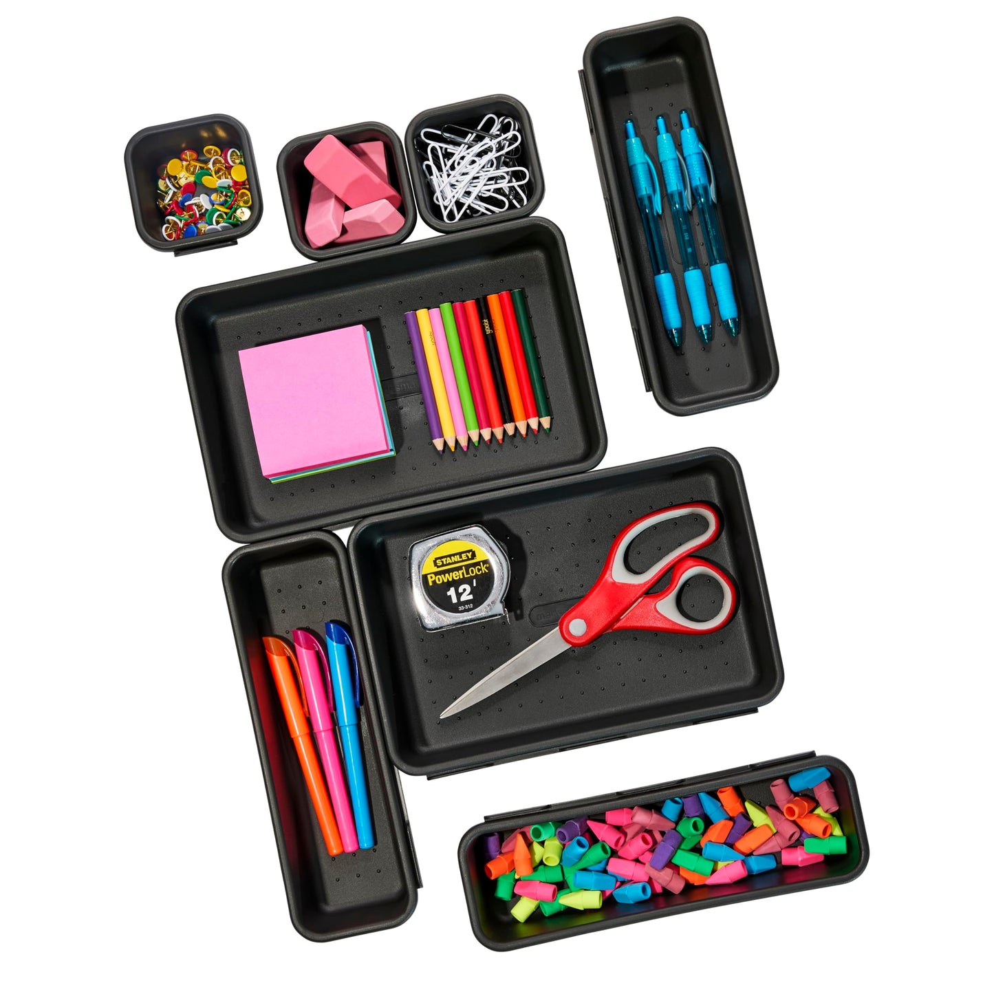Madesmart 8-Piece Interlocking Bin Pack for Drawer Organization, Plastic Interlocking Junk Drawer Organizer Tray, Granite