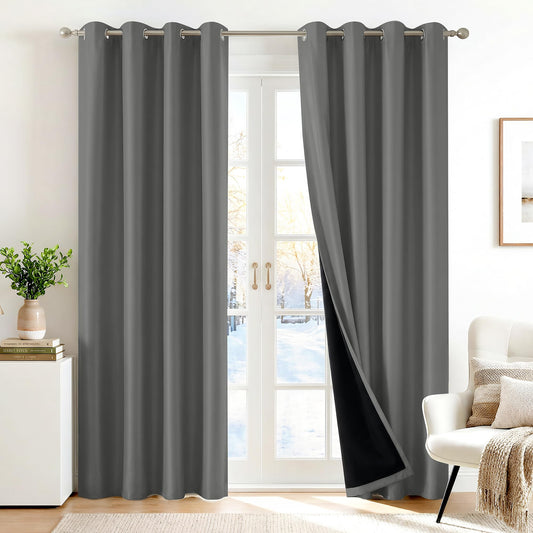 Deconovo 100% Blackout Curtains, Thermal Insulated Window Drapes, Noise Reducing Panels, Black Liner Grommet Drapes, Bedroom Nursery Home Office, Dark Grey, 52W x 84L, 2 Panels