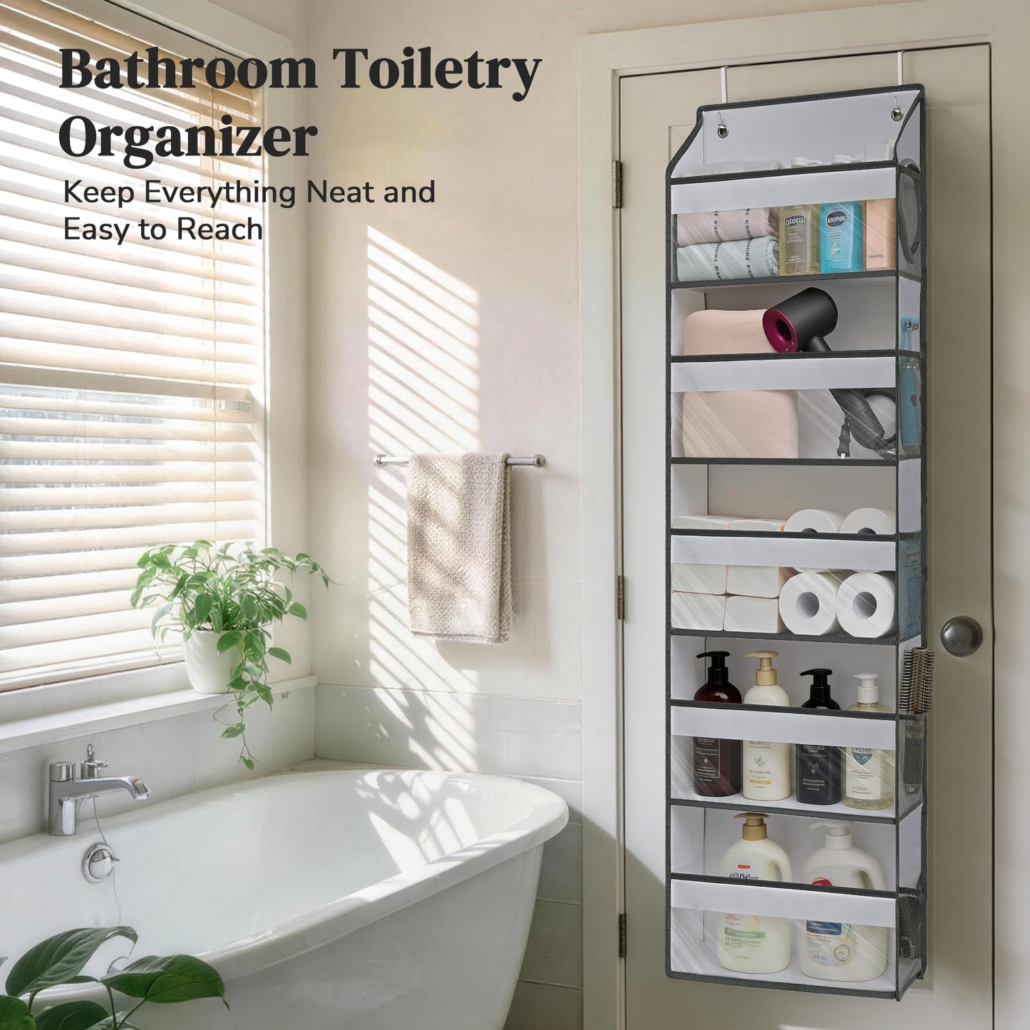 Ordovibe 5 Tiers Ultra-thin Over Door Organizer with 10 Mesh Side Pockets, 44 lbs Weight Capacity Hanging Storage Organizer with Clear Window Kids Toys, Shoes, Diapers, White & Grey
