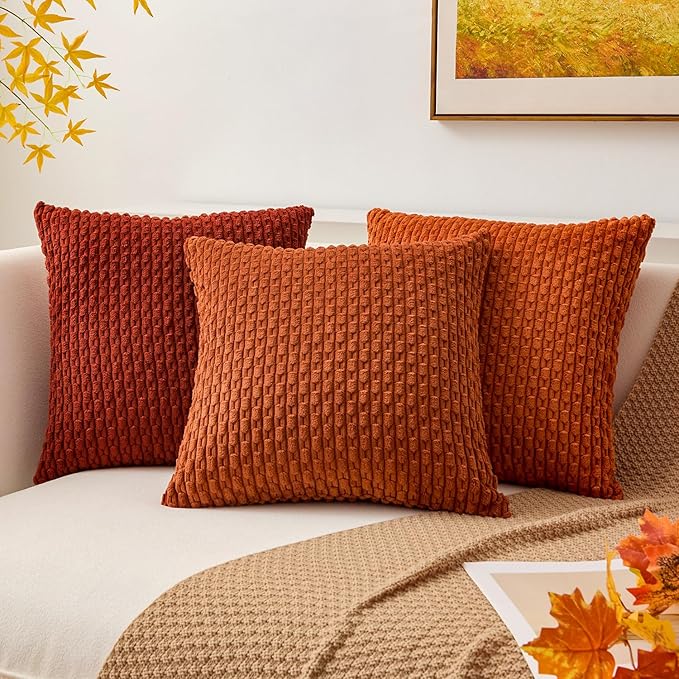 Kevin Textile Fall Throw Pillow Covers Soft Corduroy Decorative Set of 2 Boho Striped Pillow Covers Pillowcases Farmhouse Home Decor for Couch Bed Sofa Living Room 26x26 Inch Rust Brown