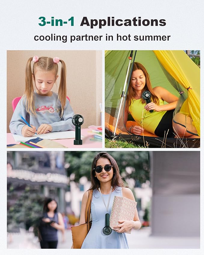 Coohea Mini Handheld Fan, Small Cute Design, 3 Powerful Speeds, USB Rechargeable Battery Operated, Personal Portable Fan with Base & Lanyard, for Eyelash Makeup Travel Beach Office Desk, Dark Green