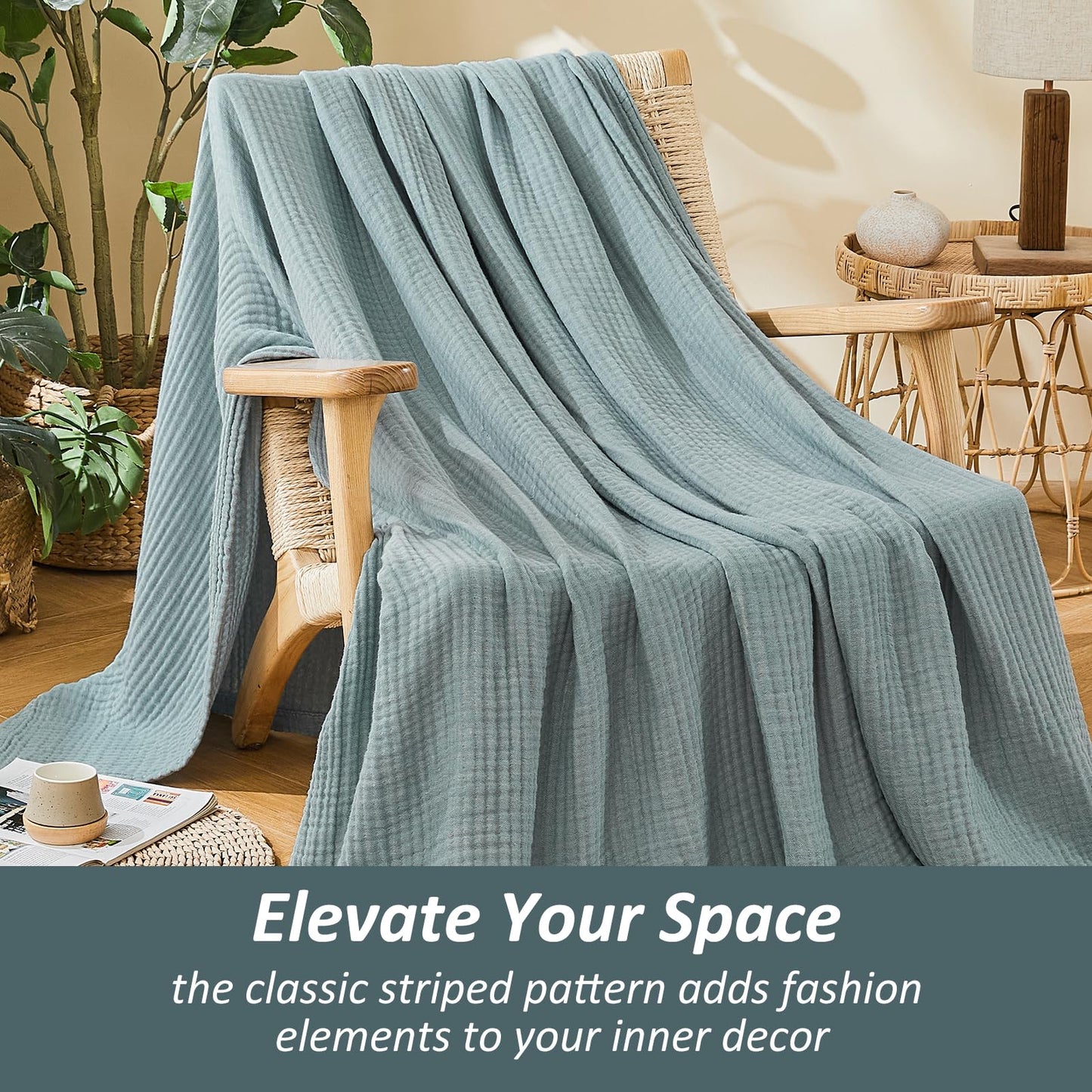 EMME Cotton Muslin Large Throw Blanket 4-Layer Couch Breathable Gauze Soft Lightweight Bed Blankets Adults Two-Tone Weave Design, Pre-Washed Softer Touch (Heather Teal, 50"x70")