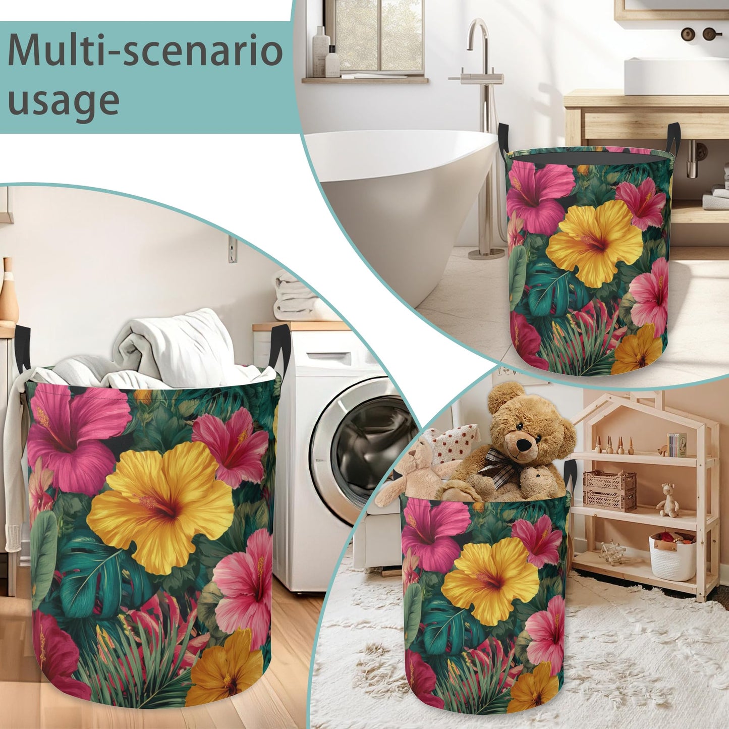 Laundry Hamper Foldable Oxford Cloth Tropical Flower Laundry Basket With Handle Portable Clothes Storage Organizer Basket Storage Bag For Laundry Room/Bedroom/Bathroom