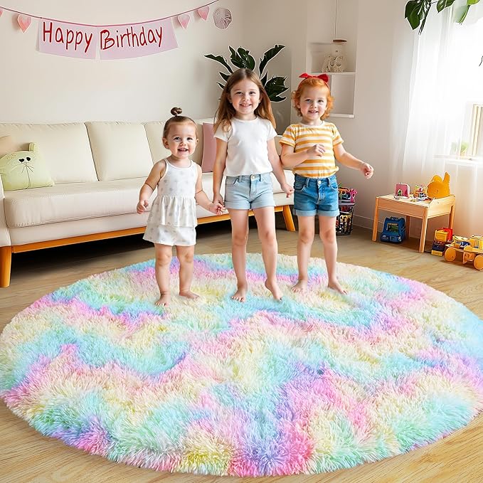 Round Fluffy Rugs 8Ft for Girls Bedroom, Rainbow Shag Circle Kids Rug Non-Slip for Bedside Dorm Nursery Playroom, Soft Cute Area Rugs for Living Room Decor