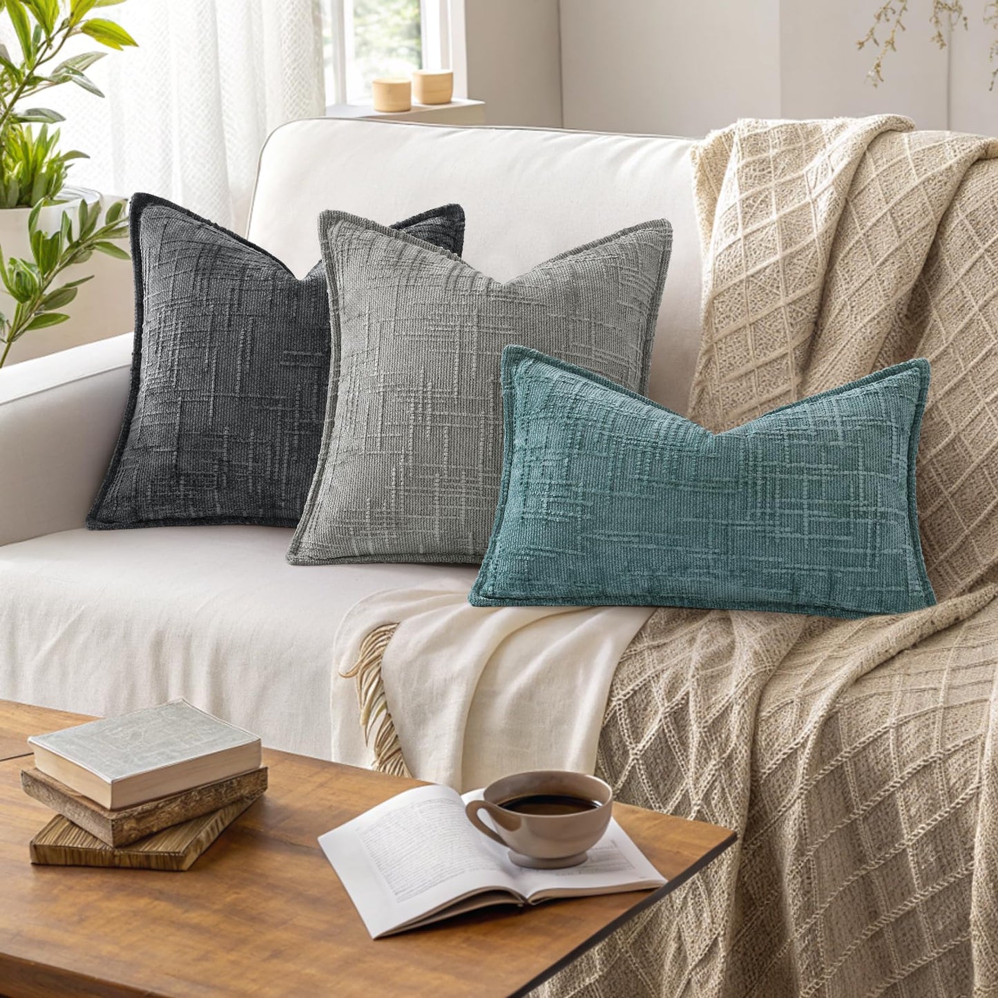 decorUhome Chenille Throw Pillow Covers 26x26 Set of 2, Soft Textured Slubby Modern Decorative Pillow Covers with Elegant Design for Couch, Sofa, Living Room, Grey