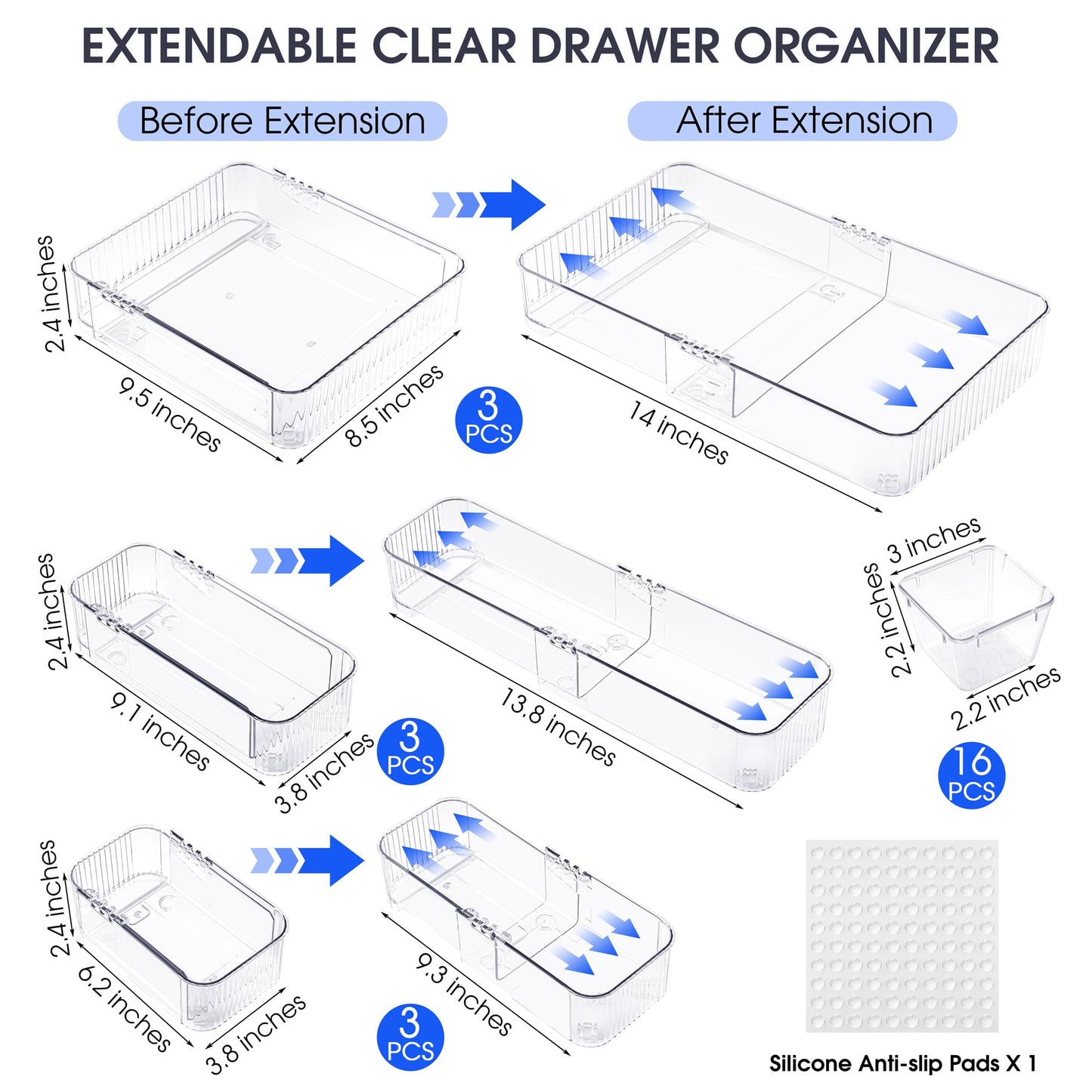 Aneco 25 Pieces Extendable Clear Drawer Organizer Adjustable Vanity Storage Box 4-Size Desk Drawer Divider Acrylic Storage Bins for Makeup, Cosmetic, Jewelries, Bedroom Kitchen Utensils Gadgets