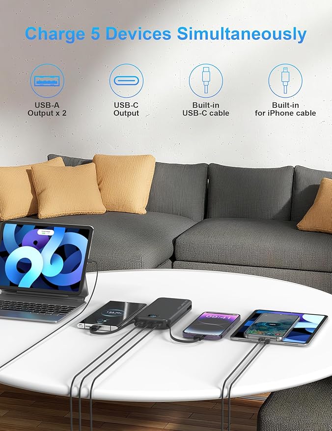 Portable Charger with Wall Plug, 12000mAh USB C Power Bank Fast Charging, External Battery Pack with Built in Cables, Digital Display, 5 Output 4 Input for iPhone Android Cell Phone Tablet