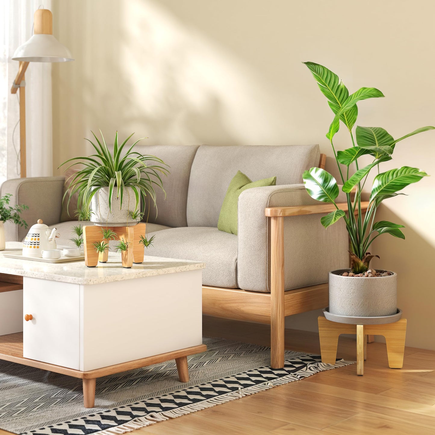 HAWHUV Plant Stands Indoor Outdoor, Plant Risers for Inside Pots Sturdy Short Plants Holder, Flower Pot Stand for Indoor Plants, Small Single Floor Plant Bamboo Display Stand (Natural 12“ (2 pack))