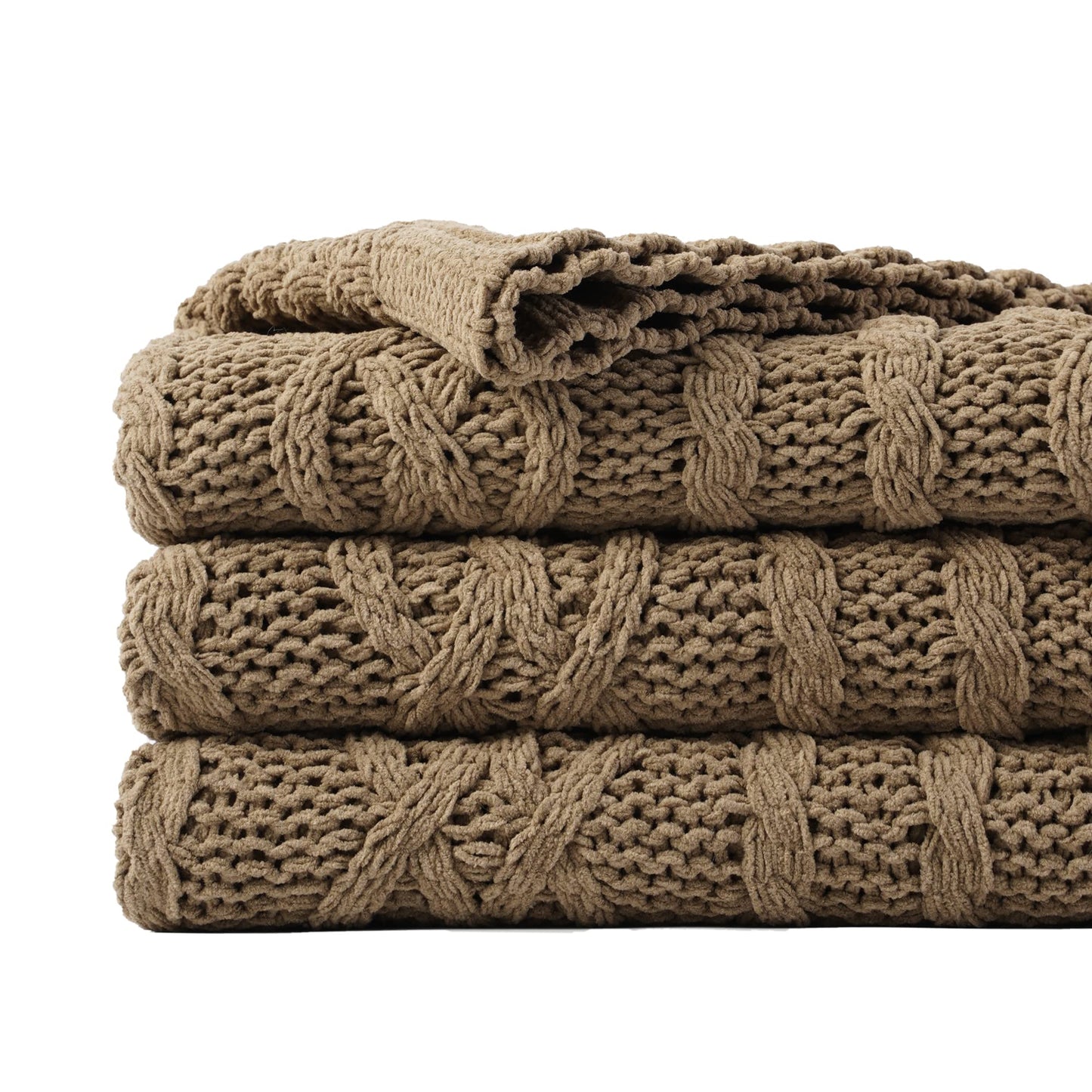 Battilo Camel Tan Throw Blanket for Couch,51"x67", Cable Chenille Knitted Throw Blankets for Bed, Sofa, Chair,Living Room, Soft Cozy Thick Warm Decorative Textured Blanket.