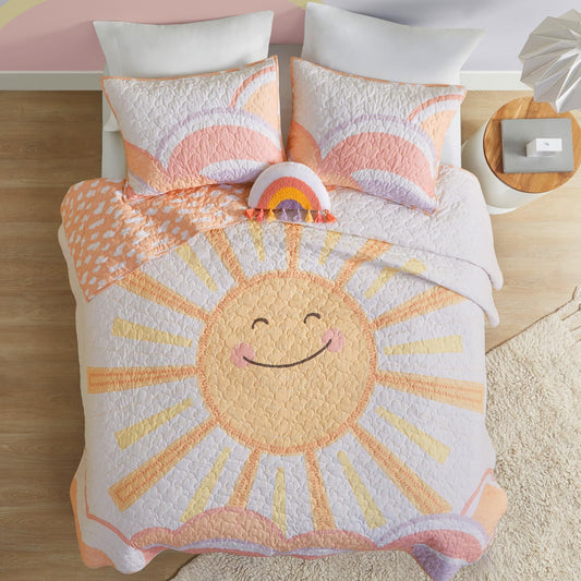 Intelligent Design Kids Queen Bedding Set Cotton Sun Full Size Quilt Sets for Girls Rainbow & Clouds Reversible Queen Coverlet Dawn Light & Breathable Sham Throw Pillow Full/Queen Yellow/Coral 4 Piece