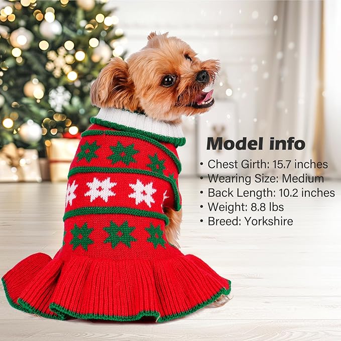 KYEESE Dog Christmas Sweater Warm Dog Sweater for Small Dogs with Leash Hole Cute Dogs Clothes Pet Coats Pet Sweaters Dress for Girl with Snowflake, Girl Red, Medium