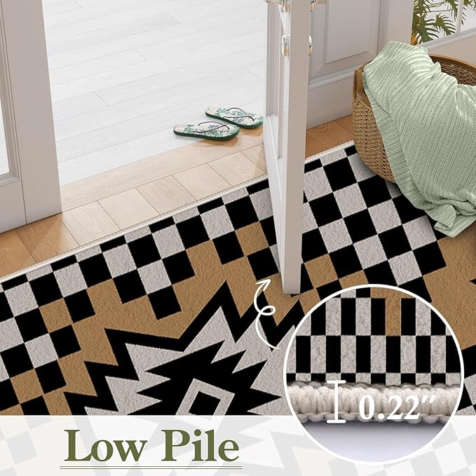 Western Aztec Long Hallway Rug Runners, 2x7ft, Modern Brown Diamond Check Area Carpet for Living Room, Easy Clean Fade Resistant Durable Foldable Pet Friendly Rugs for Front Door