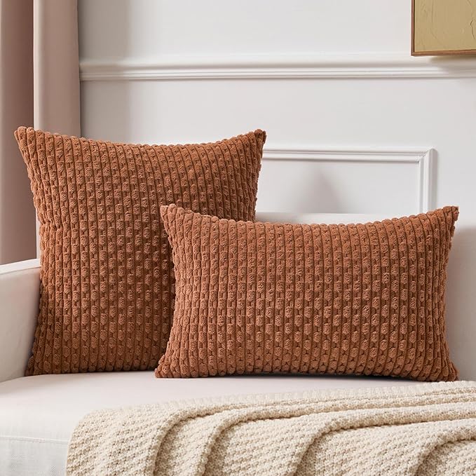 Kevin Textile Fall Decorative Pillow Covers Set of 2 Striped Plush Corduroy Pillows Pillowcases Boho Home Decor Cushion Covers for Couch Sofa Bed Living Room 18x18 Inch, Burnt Orange