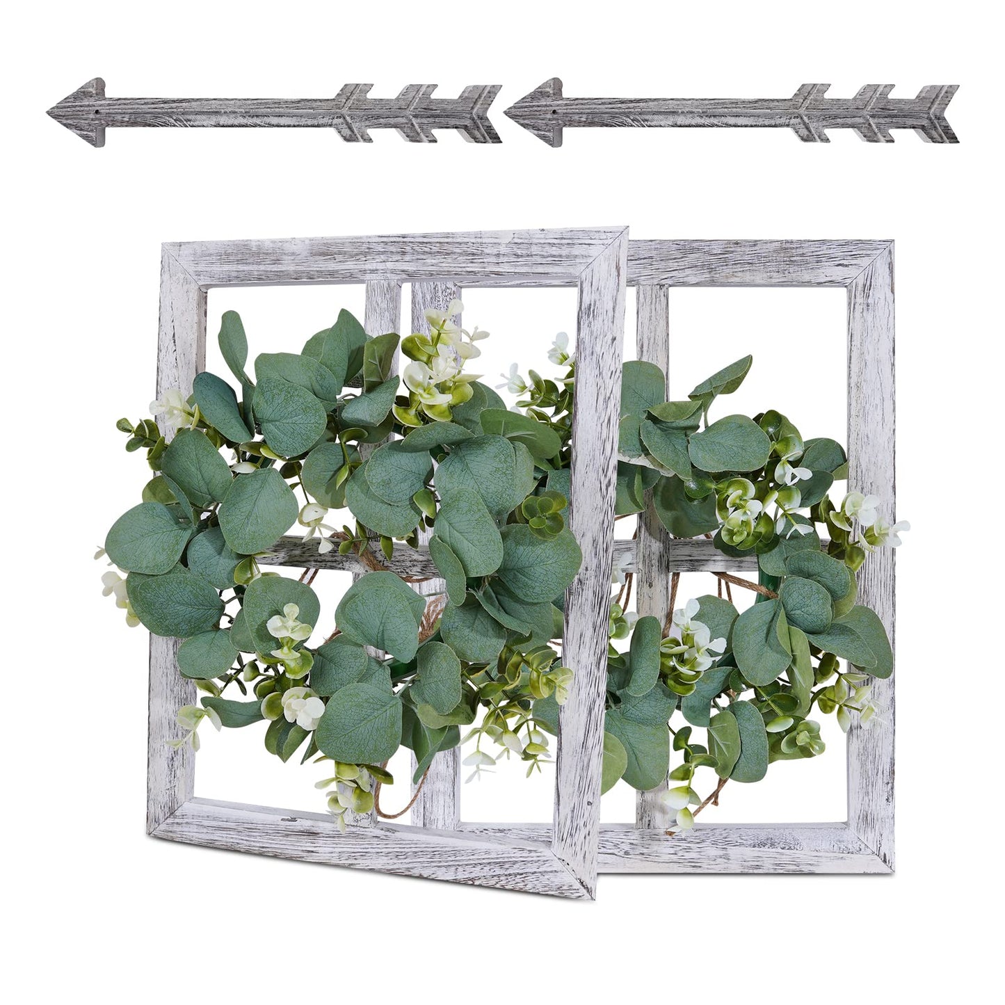 WAKOSAN Rustic Wood Window Frame Wall Decor with Wreath & Arrows, Set of 2
