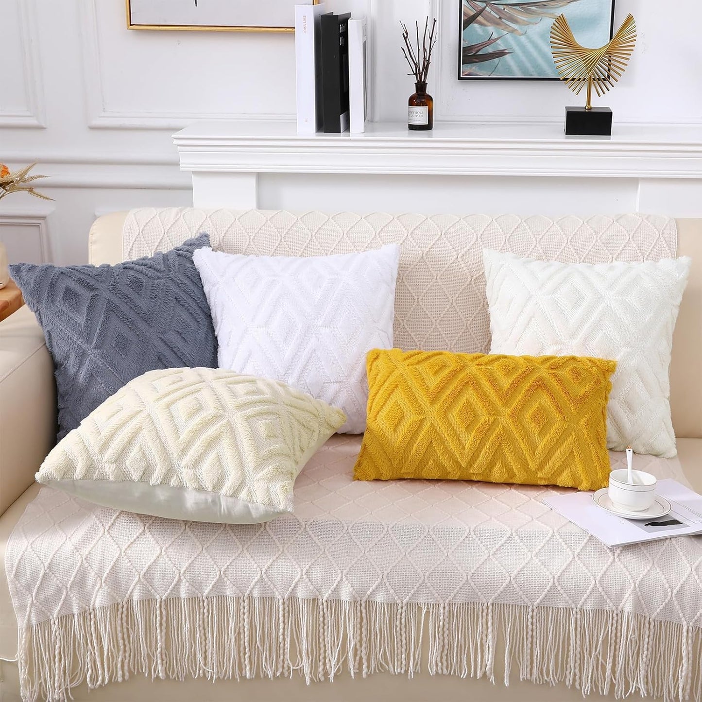Pallene Summer Cream White Euro Sham Throw Pillow Covers 22x22 Set of 2, Soft Plush Faux Fur Decorative Couch Pillow Covers for Sofa Bed Living Room Pillow Cases with 3D Diamond Pattern