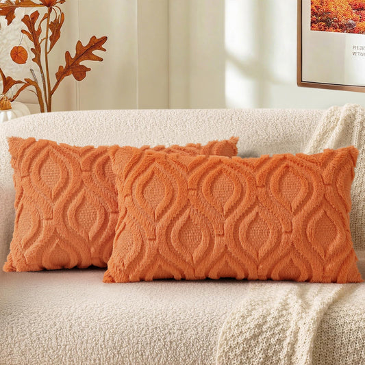 decorUhome Throw Pillow Covers 12x20 Inch Set of 2, Soft Plush Faux Wool Orange Solid Couch Pillow Covers, Accent Farmhouse Neutral Rectangle Pillow Cases for Sofa Bed Living Room