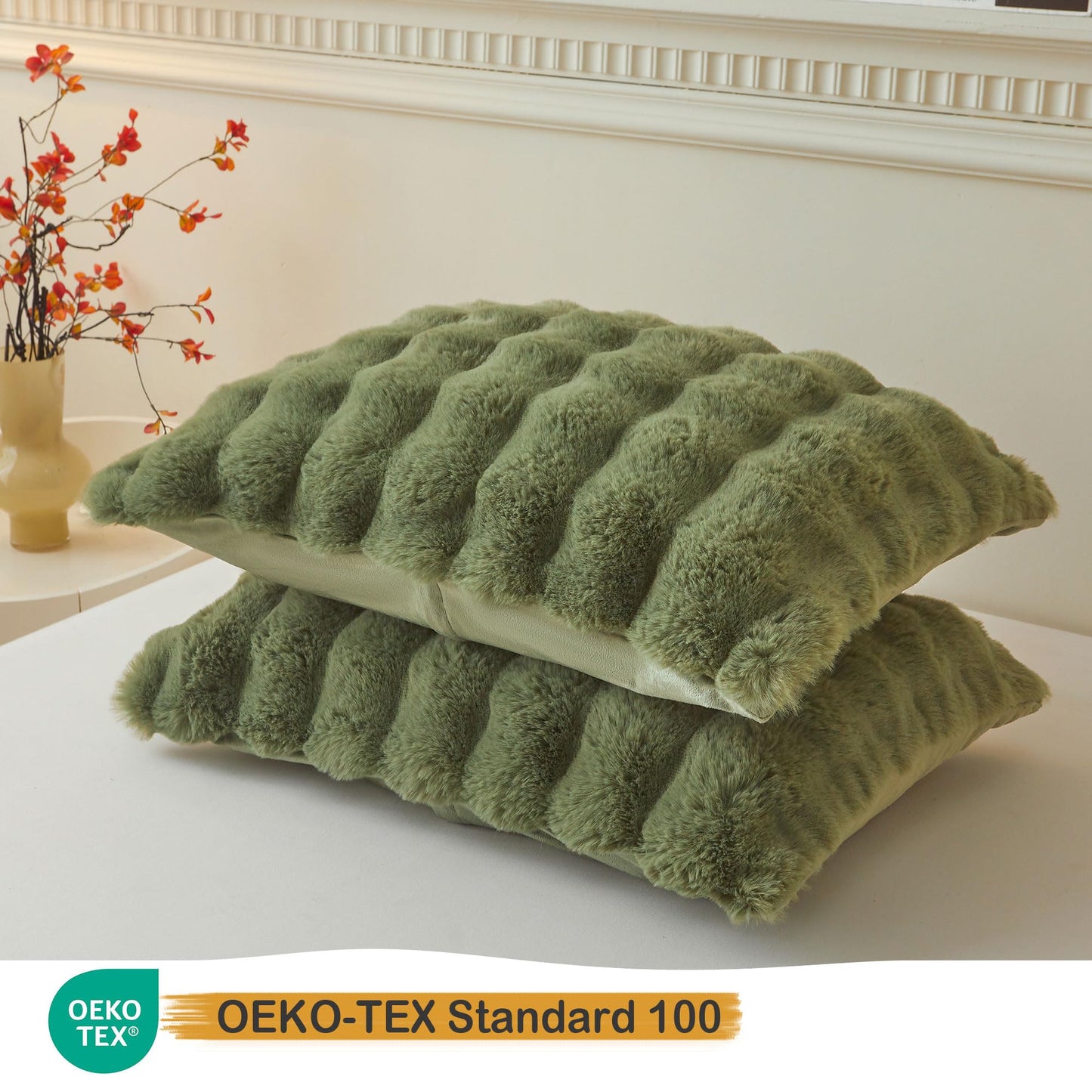 LIFEREVO 2 Pieces Fluffy Faux Rabbit Fur Pillow Cases, Luxury Soft Plush Shaggy Bubble Pillowcases Standard Size with Zipper, Furry Fuzzy Long Pillow Shams Adult Girls Kids Teens 20x26, Sage Green