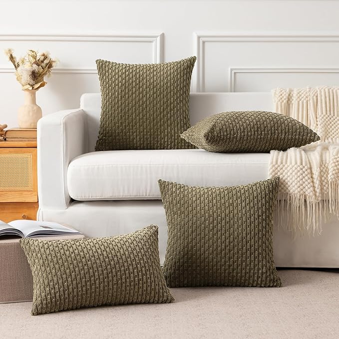 Kevin Textile Pack of 2 Corduroy Decorative Throw Pillow Covers 22x22 Inch Soft Boho Striped Pillow Covers Modern Farmhouse Home Decor for Spring Sofa Living Room Couch Bed Olive Green