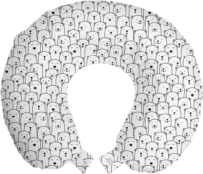 Ambesonne Polar Bear Travel Pillow Neck Rest, Crowd of Arctic Animals with Funny Bored Surprised Smiling Face Expressions, Memory Foam Traveling Accessory for Airplane and Car, 12", Black and White