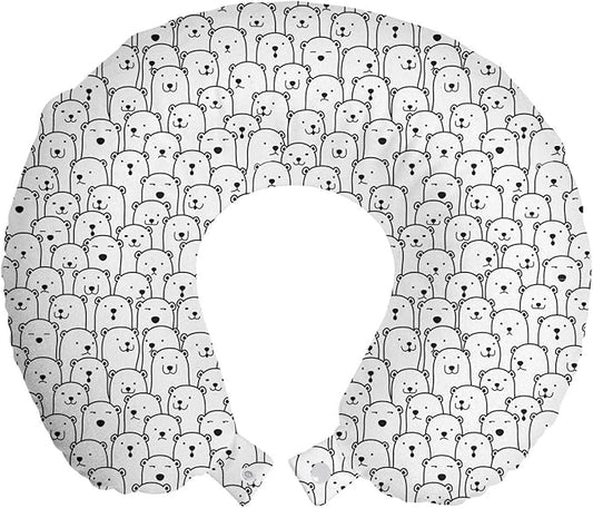Ambesonne Polar Bear Travel Pillow Neck Rest, Crowd of Arctic Animals with Funny Bored Surprised Smiling Face Expressions, Memory Foam Traveling Accessory for Airplane and Car, 12", Black and White