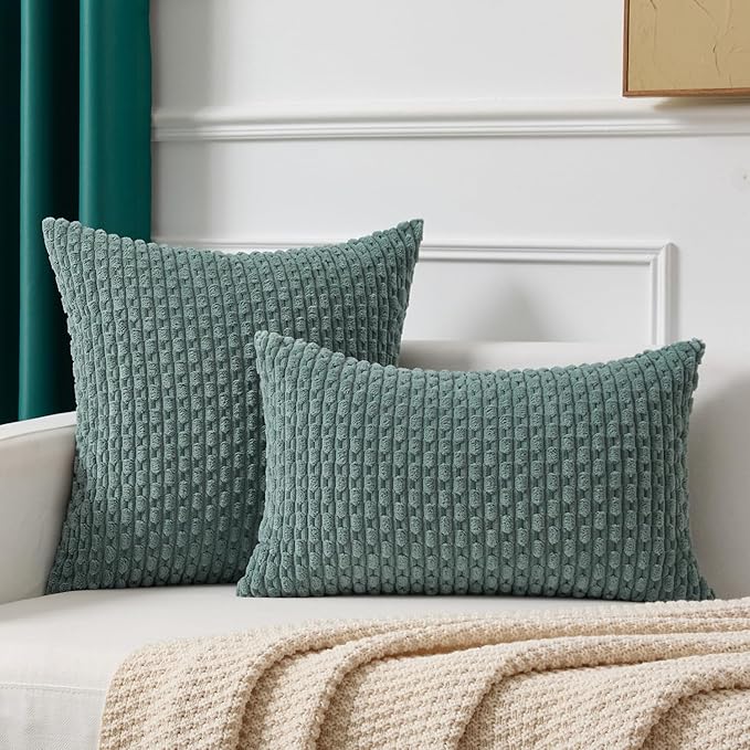 Kevin Textile Decorative Pillow Covers Set of 2 Striped Plush Corduroy Pillows Pillowcases Boho Home Decor Cushion Covers for Couch Sofa Bed Living Room 20x20 Inch, Teal Green