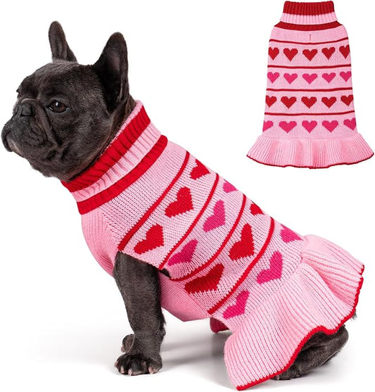 KYEESE Valentines Dog Sweater, Stretchy Pullover Small Dogs Sweater, Soft Turtleneck Dog Sweaters for Small Dogs, Warm Pet Sweaters Dress with Heart Print, Comfy Pet Clothes Coat with Leash Hole, M