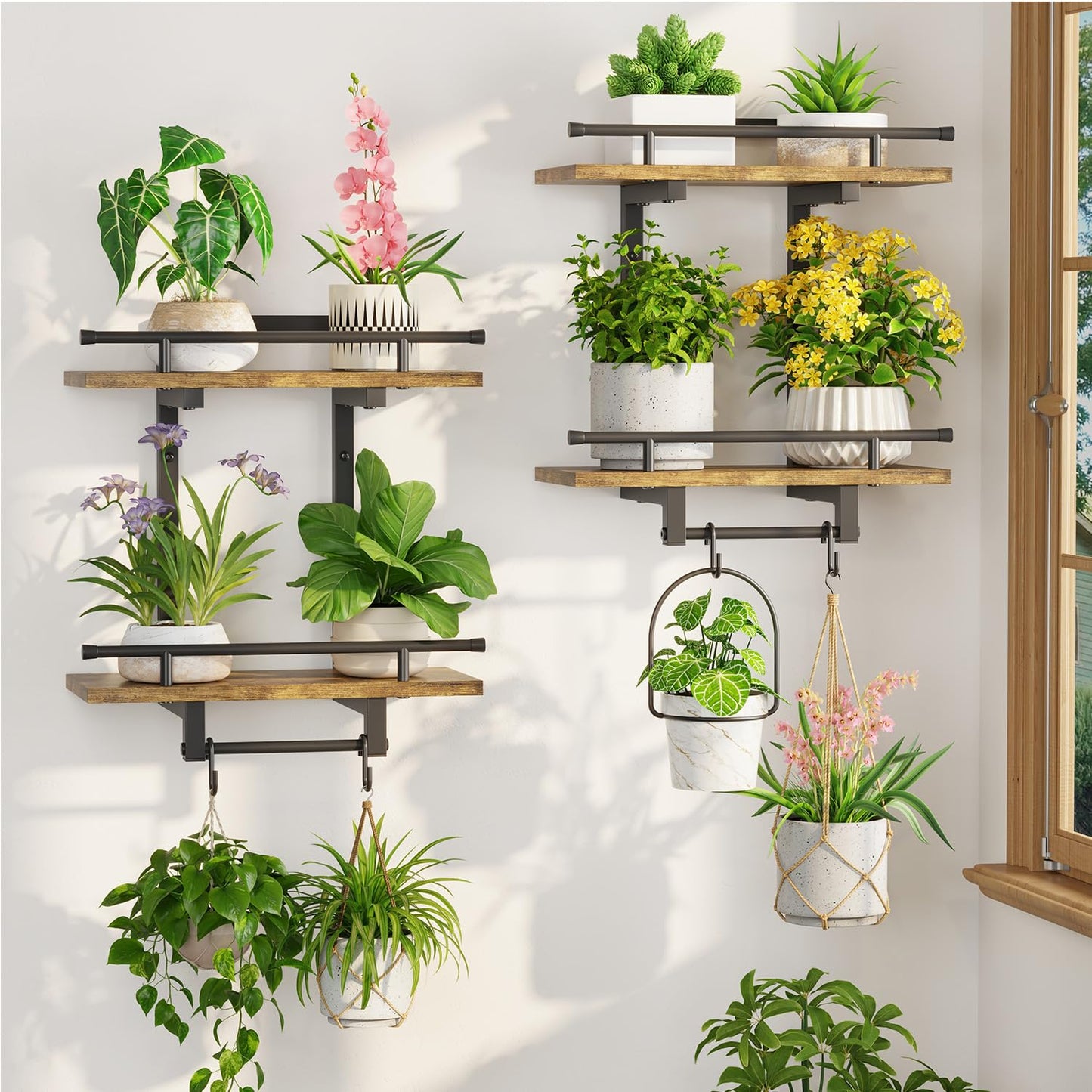 LASZOLA Floating Plant Shelves Holder Wall Mounted Indoor, 2 Pack Plant Hangers Stand with 4 Hooks, Metal and Wood Flower Hanging Display for Bedroom Living Room Kitchen Office Bathroom Decor, Brown