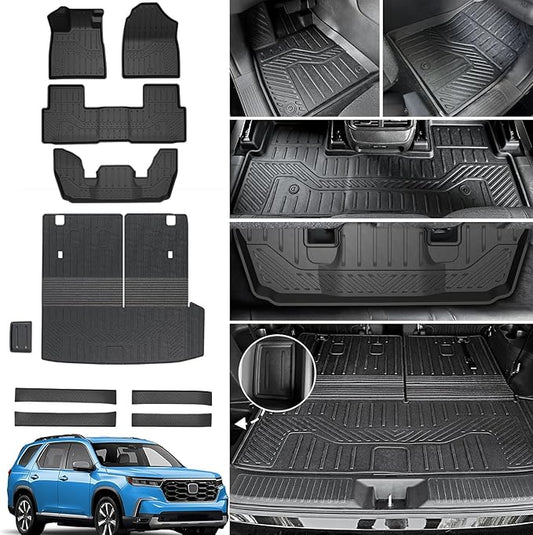 JOULARISE Floor Mats Cargo Mat for Honda Pilot 2026 2025 2024 2023, All Weather TPE Cargo Liner Trunk Mat with Backrest Mat Door Sill Protectors Car Accessories for Pilot (Full Set Mats)