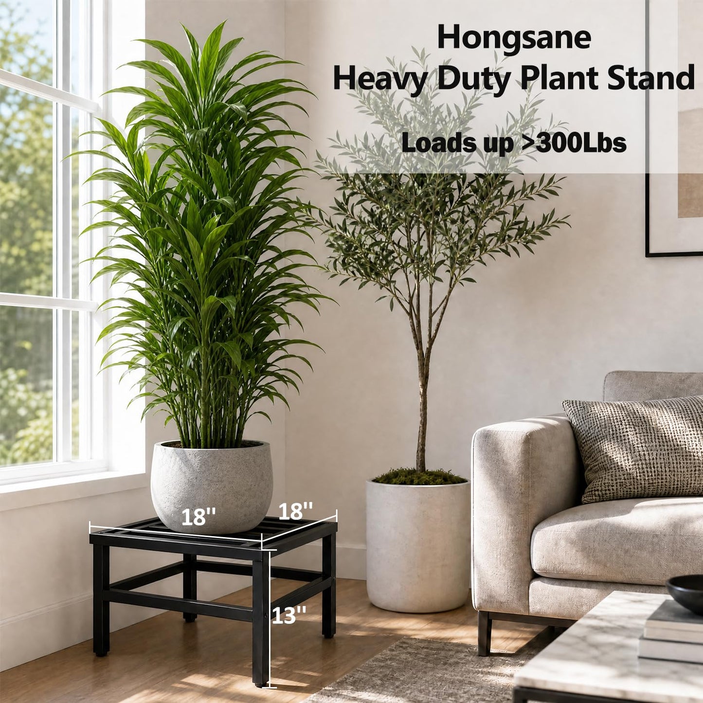 Hongsane Plant Stand Indoor Outdoor,18 Inch Square Metal Plant Stands Riser,Heavy Duty Wrought Iron Pedestal Holders for Large Flower Pot,Outside Rust-Proof Black Flower Display Shelf for Patio,1-Pack