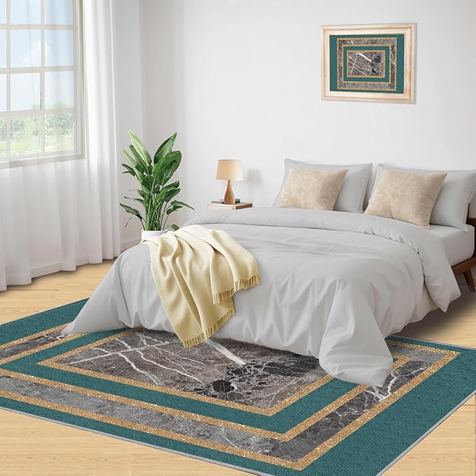 Emerald Green Marble Rug Luxury Teal Marble Area Rug Gilded Geometric Carpet Vintage Stone Crack Carpet for Bedroom Bedside Living Room 3x5ft