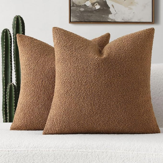 FUTEI Pack of 2 Tobacco Decorative Throw Pillow Covers 22x22 Inch Soft Cozy Solid Boucle Textured Cushion Case,Modern Home Decor for Couch Bed Living Room