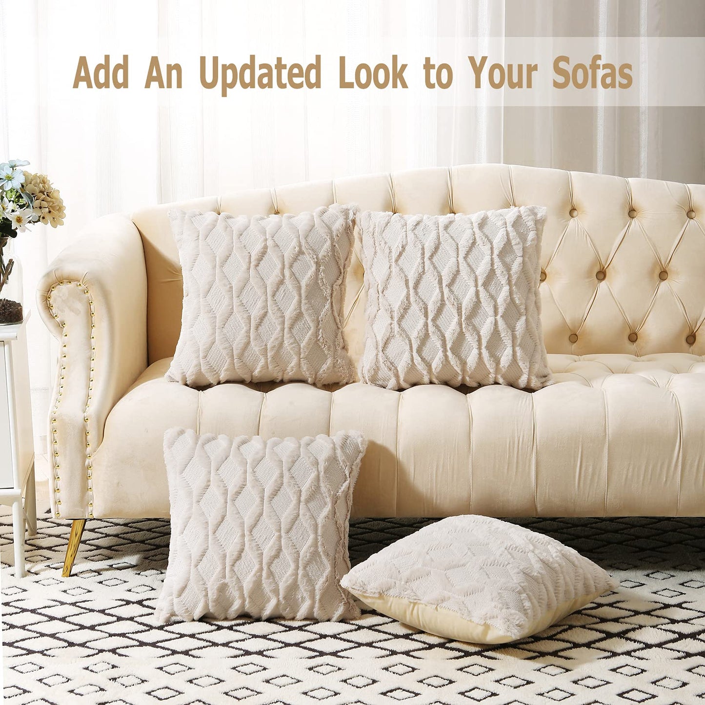 Volcanics Pack of 2 Faux Wool Throw Pillow Covers 24x24 Inches Decorative Farmhouse Velvet Couch Pillow Case Soft Plush Square Boho Cushion Pillowcase, Beige