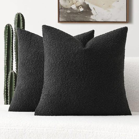 FUTEI Pack of 2 Black Decorative Throw Pillow Covers 26x26 Inch Soft Cozy Solid Boucle Textured Euro Pillow Shams,Modern Home Decor for Couch Bed Living Room