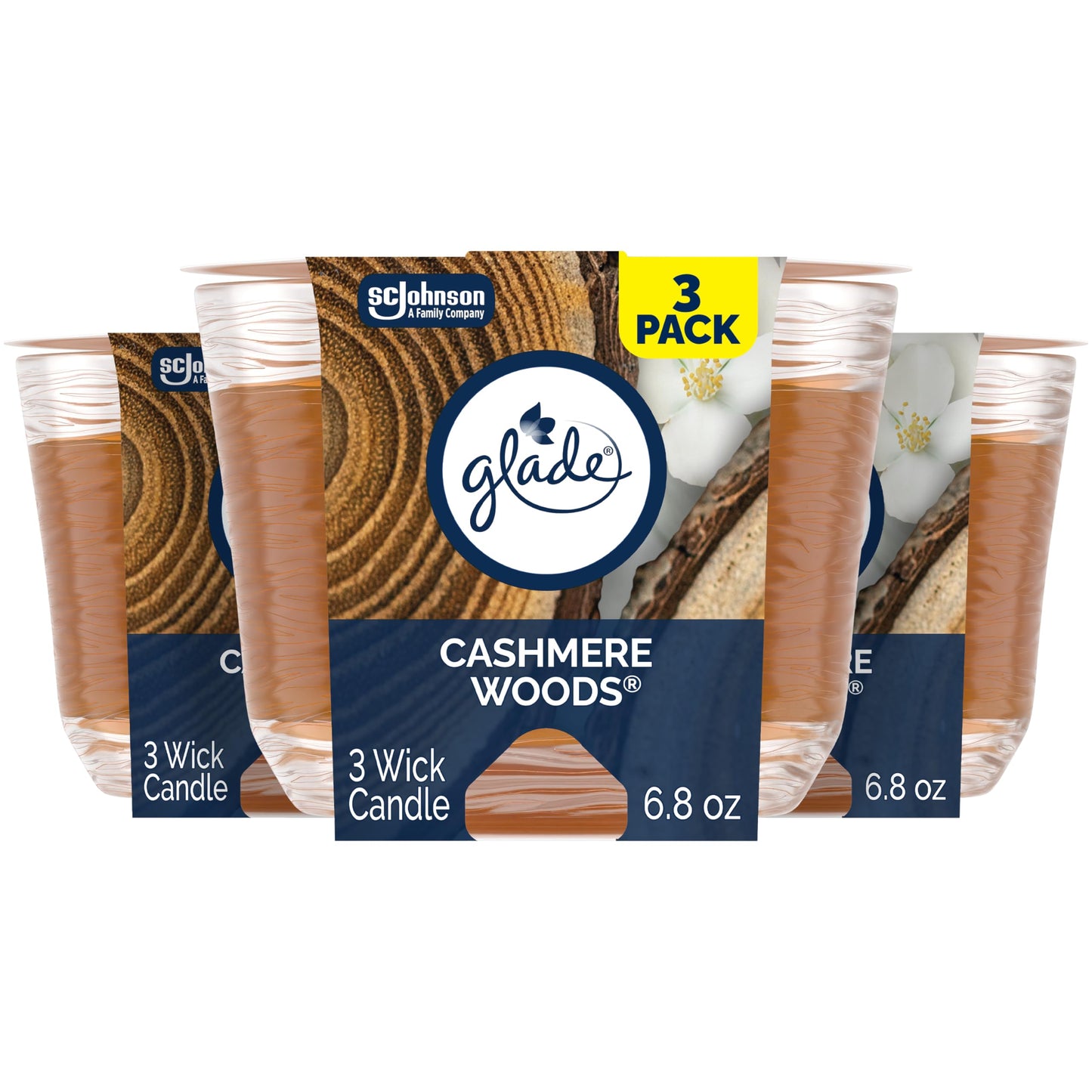 Glade Candle Cashmere Woods, Fragrance Candle Infused with Essential Oils, Air Freshener, 3-Wick Candle, 6.8 Oz, 3 Count